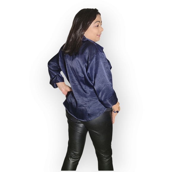 Jean Works & Company Chic Dark Blue Blouse Size L - Picture 8 of 13